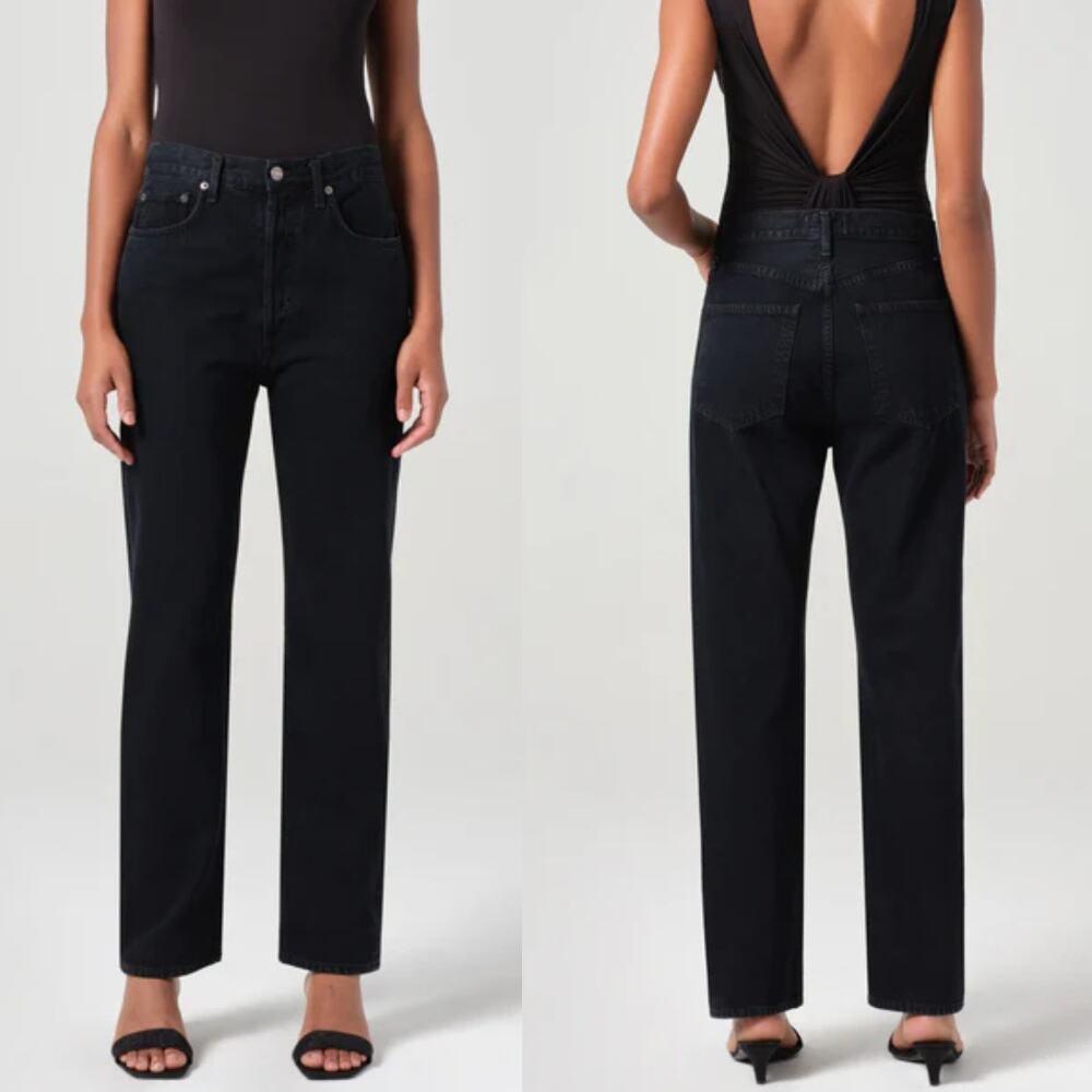 AGOLDE Womens 90s Pinch Waist High Rise Straight Jeans Black Raw Hem Denim 24
